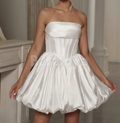 WD0032 Cute Off-Shoulder A-Line Bubble Mini Wedding Dress with Pearls