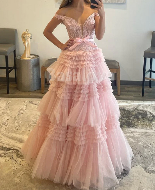 SP0149 Elegant Appliques Pink Off-Shoulder A-Line Tiered Prom Dress with Bow