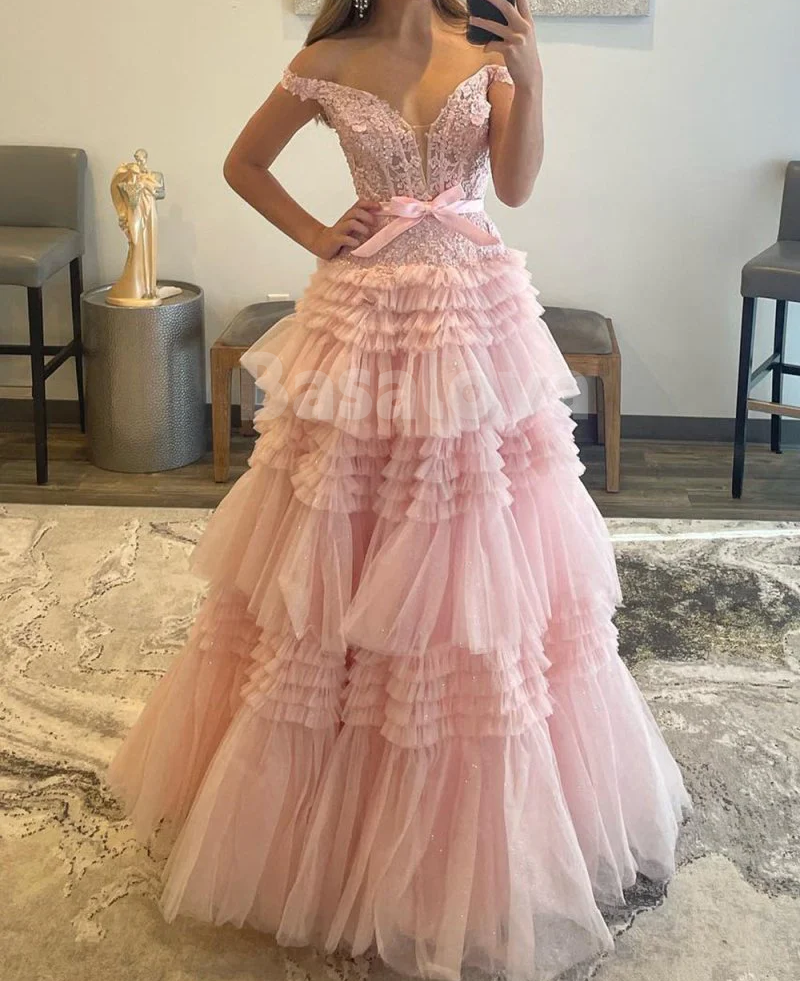 SP0149 Elegant Appliques Pink Off-Shoulder A-Line Tiered Prom Dress with Bow