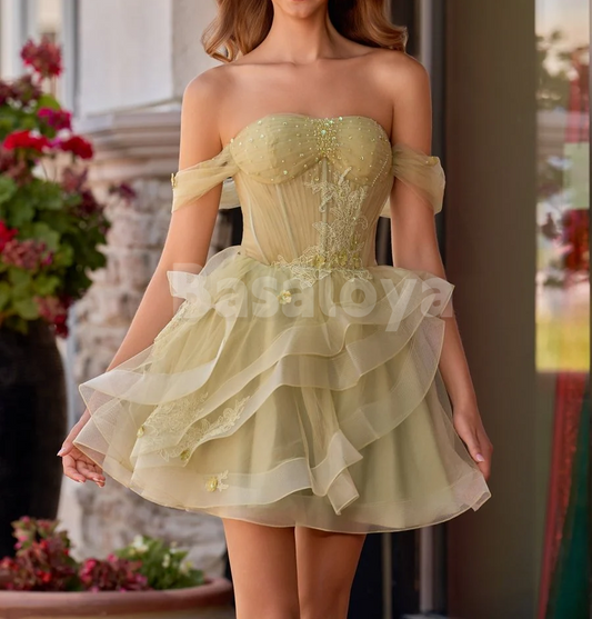 HM0014 Elegant Sage Off-Shoulder A-Line Tiered Homecoming Dress withn Applique