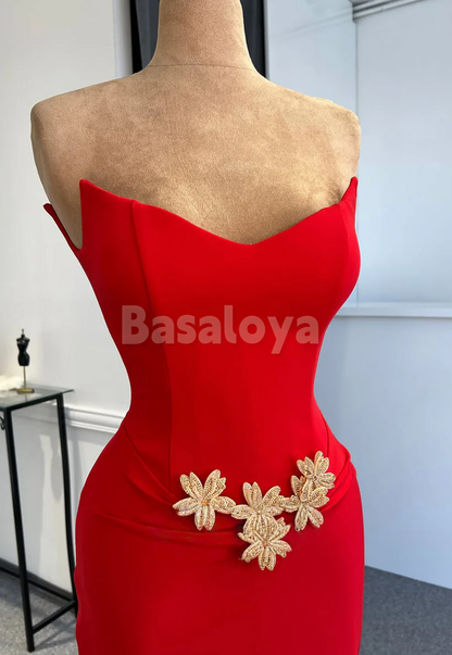 ED0093 Elegant Red 3D Beaded Floral Sweetheart Bodycon Evening Party Gown