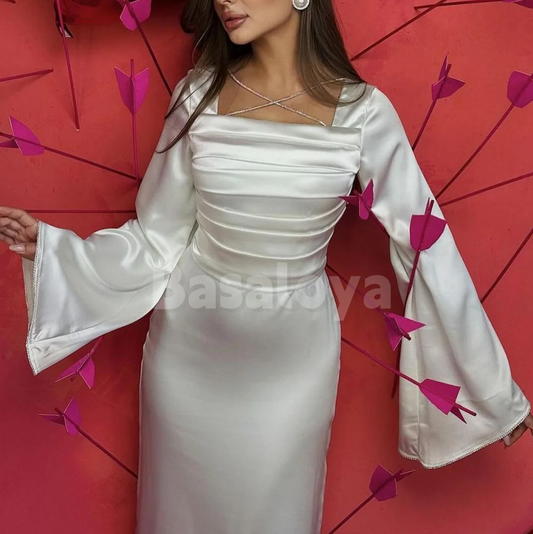 SP0281 Elegant White Long Sleeves Sheath Pleated Prom Formal Dress