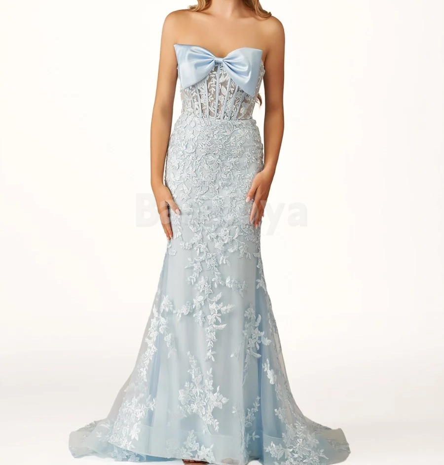 SP0177 Graceful Blue Strapless Mermaid Lace Appliques Prom Dress with Bow