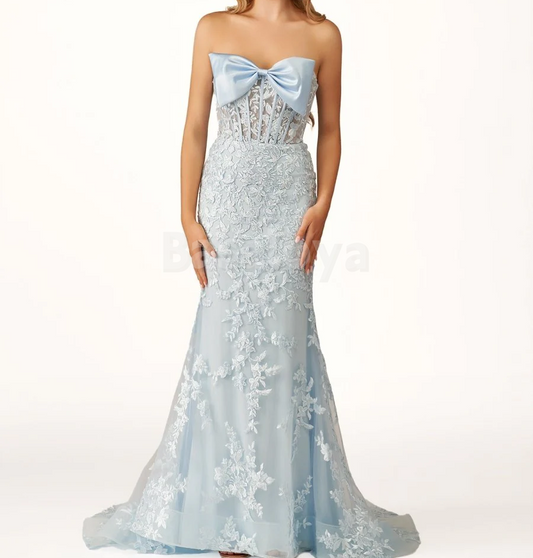 SP0177 Graceful Blue Strapless Mermaid Lace Appliques Prom Dress with Bow