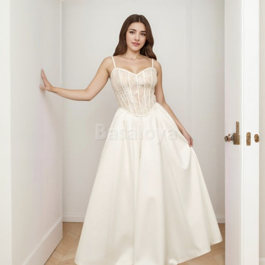 WD0008 Romantic Sweetheart A-Line Satin Wedding Dress with Lace Appliques