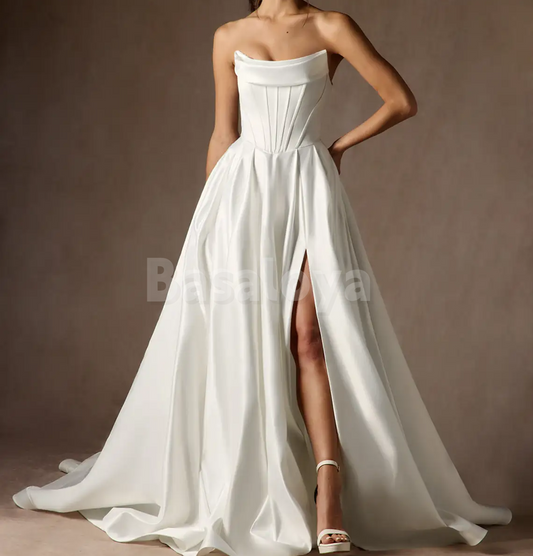 WD0088 Elegant White Strapless A-Line Side Slit Wedding Dress with Train