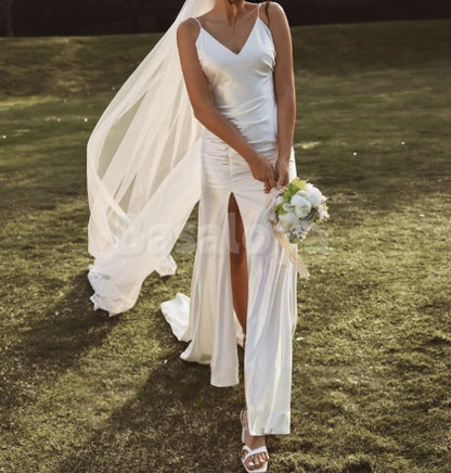 WD0038 Elegant V-Neck Mermaid Side Slit Satin Bridal Wedding Dress with Train