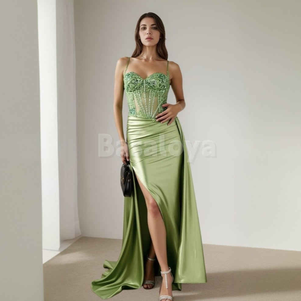 ED0030 Sparkly Green Sweetheart Sheath Applique Evening Dress with Slit