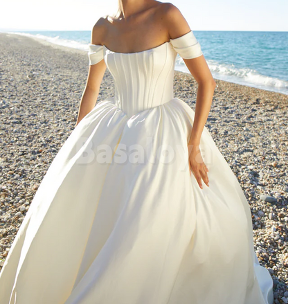 WD0102 Gorgeous Off-Shoulder A-Line Satin Ball Gown Wedding Dress
