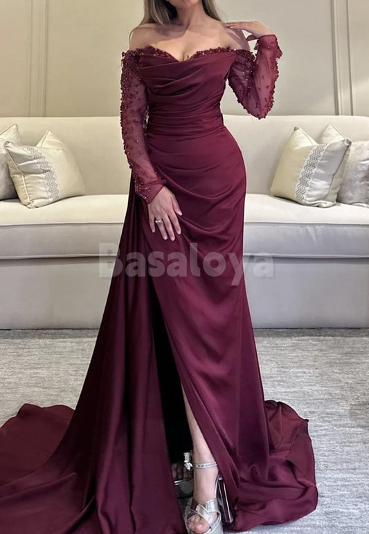 ED0074 Luxury Pearls Burgundy Long Sleeves Sheath Evening Dress with Slit
