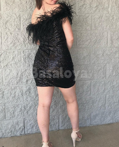 HM0143 Elegant Blue One Shoulder Sheath Sequins Party Gown with Feather
