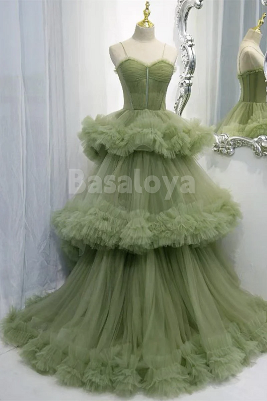 SP0165 Luxury Sage Green Sweetheart A-Line Tiered Ball Gown Prom Dress