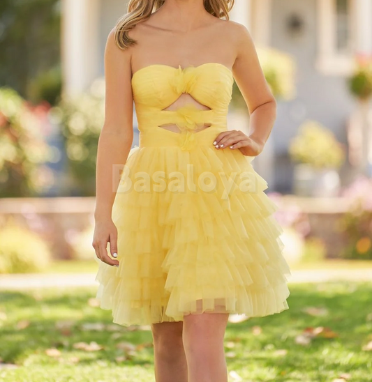 HM0075 Graceful Yellow A-Line Tiered Homecoming Dress with 3D Flowers