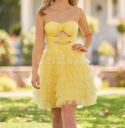 HM0075 Graceful Yellow A-Line Tiered Homecoming Dress with 3D Flowers