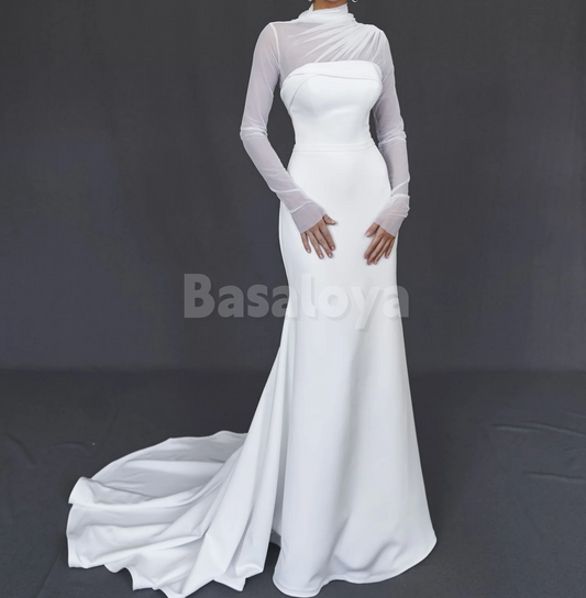 WD0165 Classic White Long Sleeves Mermaid Bridal Wedding Dress with Train