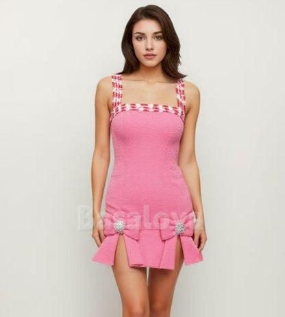 HM0048 Luxury Pink Beaded Square Neck Bodycon Homecoming Dress with Bow