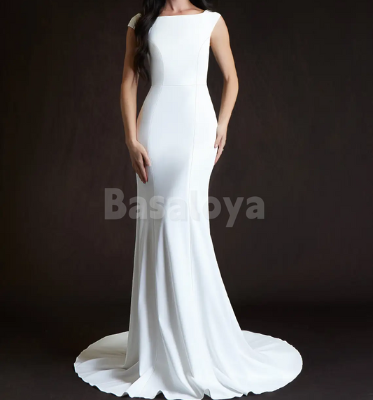 WD0110 Elegant White Scoop Neck Mermaid Bridal Wedding Dress with Train