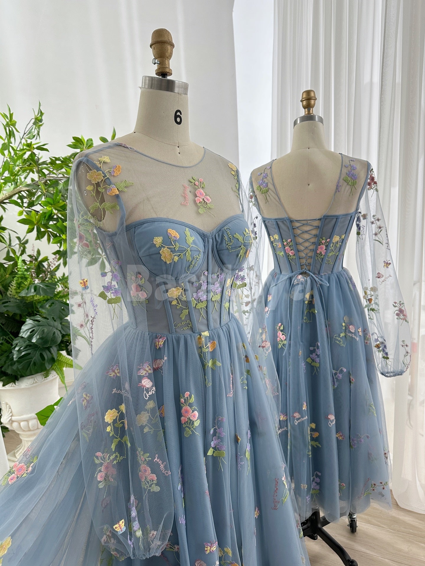 SP0321 Graceful Blue Long Sleeves A-Line Pleated Prom Dress with Floral