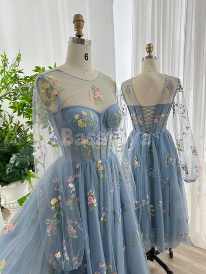 SP0321 Graceful Blue Long Sleeves A-Line Pleated Prom Dress with Floral