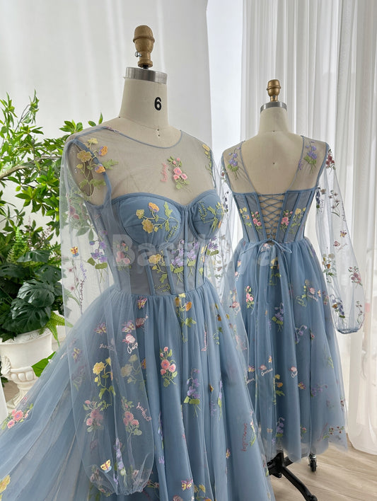 SP0321 Graceful Blue Long Sleeves A-Line Pleated Prom Dress with Floral