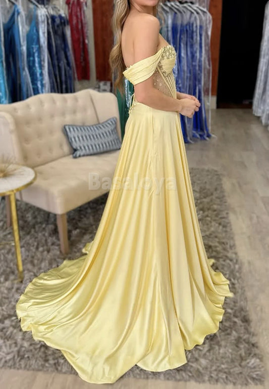 SP0096 Luxury Yellow Off-Shoulder A-Line Prom Dress with Beaded