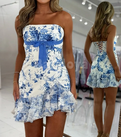 HM0018 Graceful Blue Printed Strapless Ruffles Homecoming Dresses with Bow