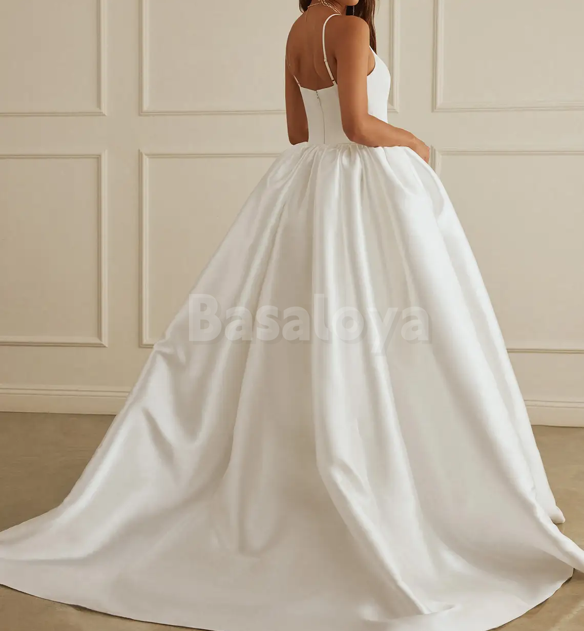 WD0105 Classic Spaghetti Straps A-Line V-Neck Wedding Gown with Train