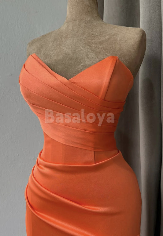 SP0108 Simple Orange Sweetheart Sheath Pleats Long Prom Dress with Slit