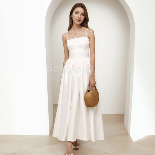 WD0010 Simple Spaghetti Straps A-Line Satin Bridal Wedding Dress