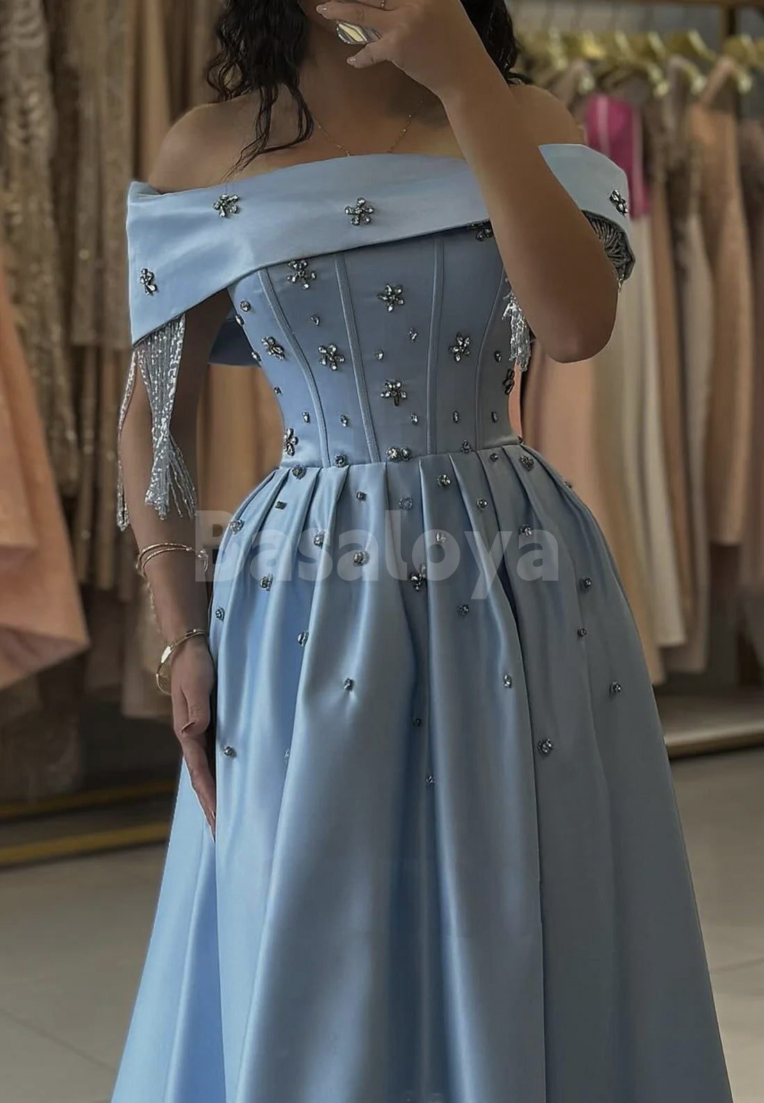ED0061 Luxury Blue Crystal Off-Shoulder A-Line Evening Gown with Tassels