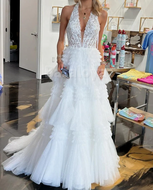 SP0160 Luxury White Halter V-Neck A-Line Appliques Ball Gown Prom Dress