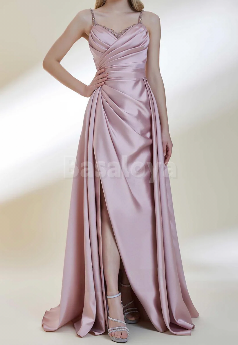 ED0052 Elegant Beaded Pink Sweetheart Sheath Evening Gown with Overskirt