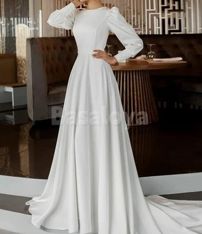 WD0061 Elegant White Long Sleeves A-Line Satin Wedding Dress with Train