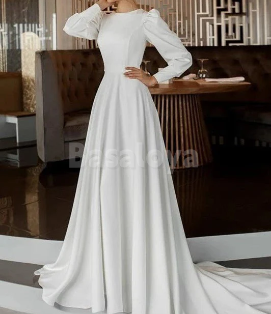 WD0061 Elegant White Long Sleeves A-Line Satin Wedding Dress with Train