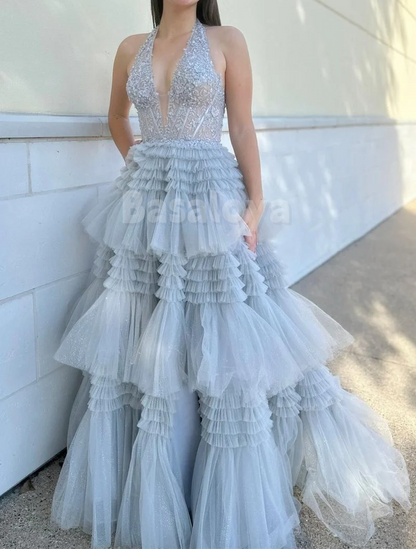 SP0160 Luxury White Halter V-Neck A-Line Appliques Ball Gown Prom Dress