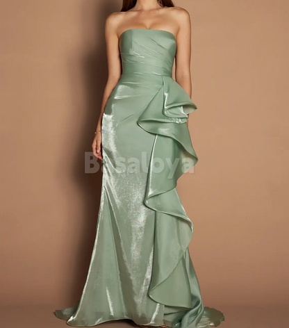 SP0262 Classic Blue Strapless Sheath Long Pleats Prom Dress Party Gown