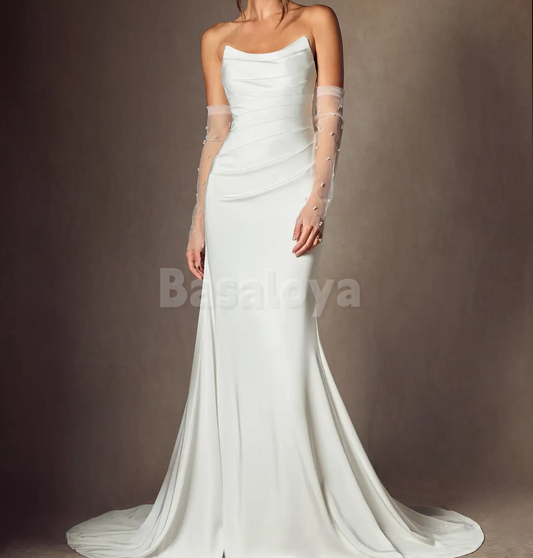 WD0100 Luxury White Strapless Mermaid Wedding Dress with Pearl Sleeves
