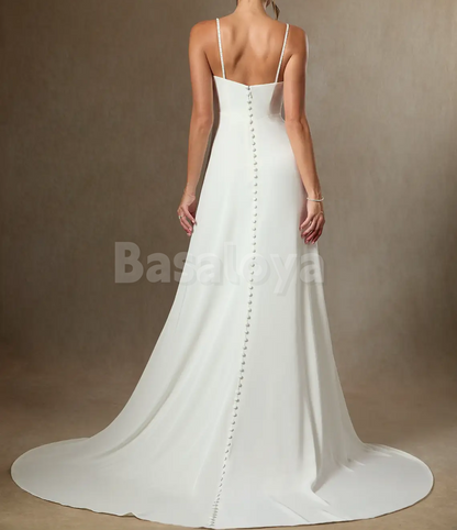 WD0096 Simple White Spaghetti Straps Straight Satin Wedding Dress with Train