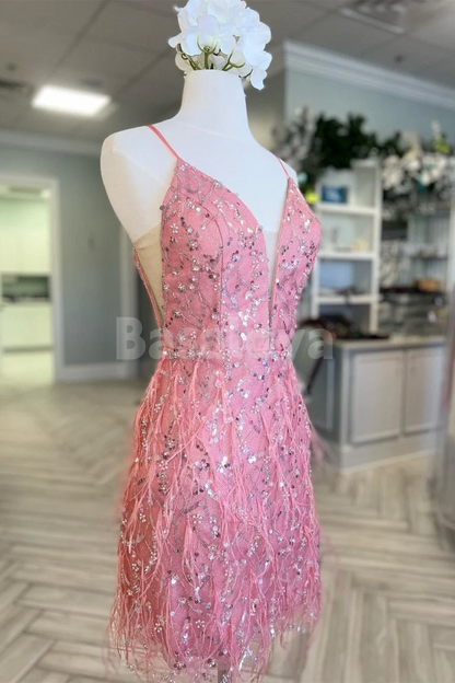 HM0151 Elegant Pink Spaghetti Straps Sequins Mini Homecoming Gown with Feathers