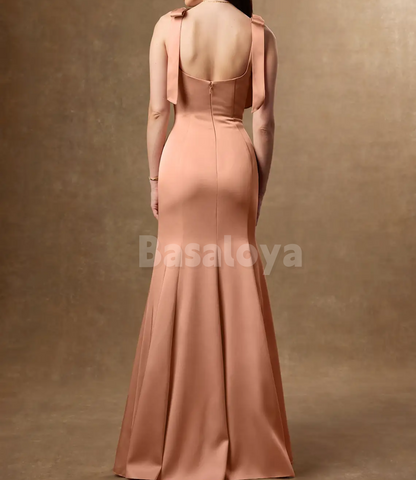 SP0274 Classic Pink Sweetheart Mermaid Side Slit Satin Prom Dress with Bows