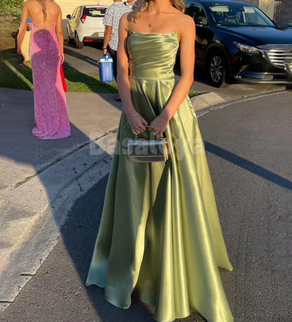 SP0169 Simple Yellow Strapless A-Line Pleated Long Prom Dress Formal Gown