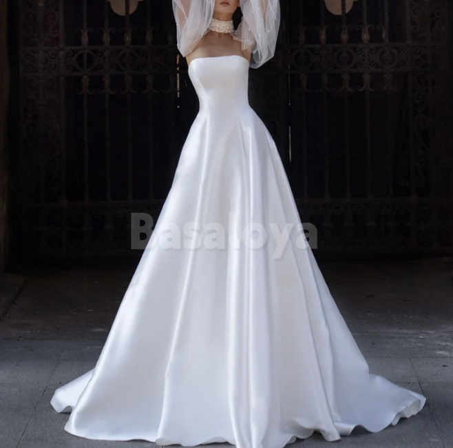 WD0190 Luxury Pearls Long Sleeves Strapless A-Line Pleated Wedding Gown