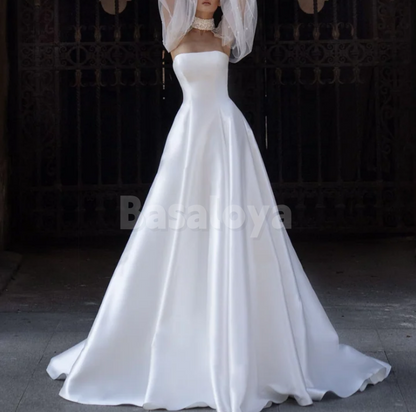 WD0190 Luxury Pearls Long Sleeves Strapless A-Line Pleated Wedding Gown