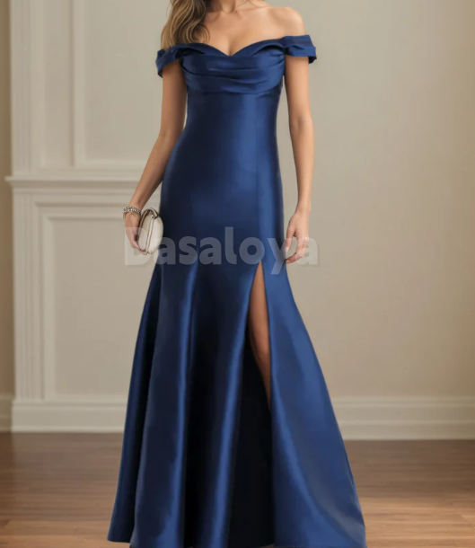MG0001 Elegant Navy Blue Off-Shoulder Mermaid Satin Mother of Bridal Gown