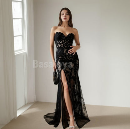 SP0067 Gorgeous Black Beaded Sweetheart Lace Applique Prom Dress with Slit