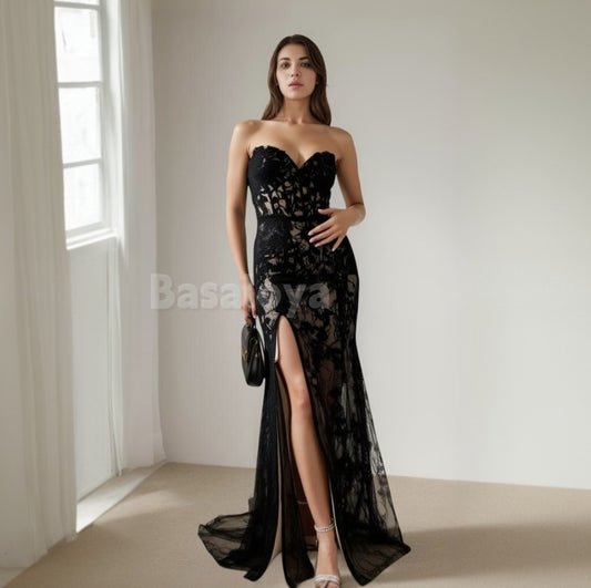 SP0067 Gorgeous Black Beaded Sweetheart Lace Applique Prom Dress with Slit
