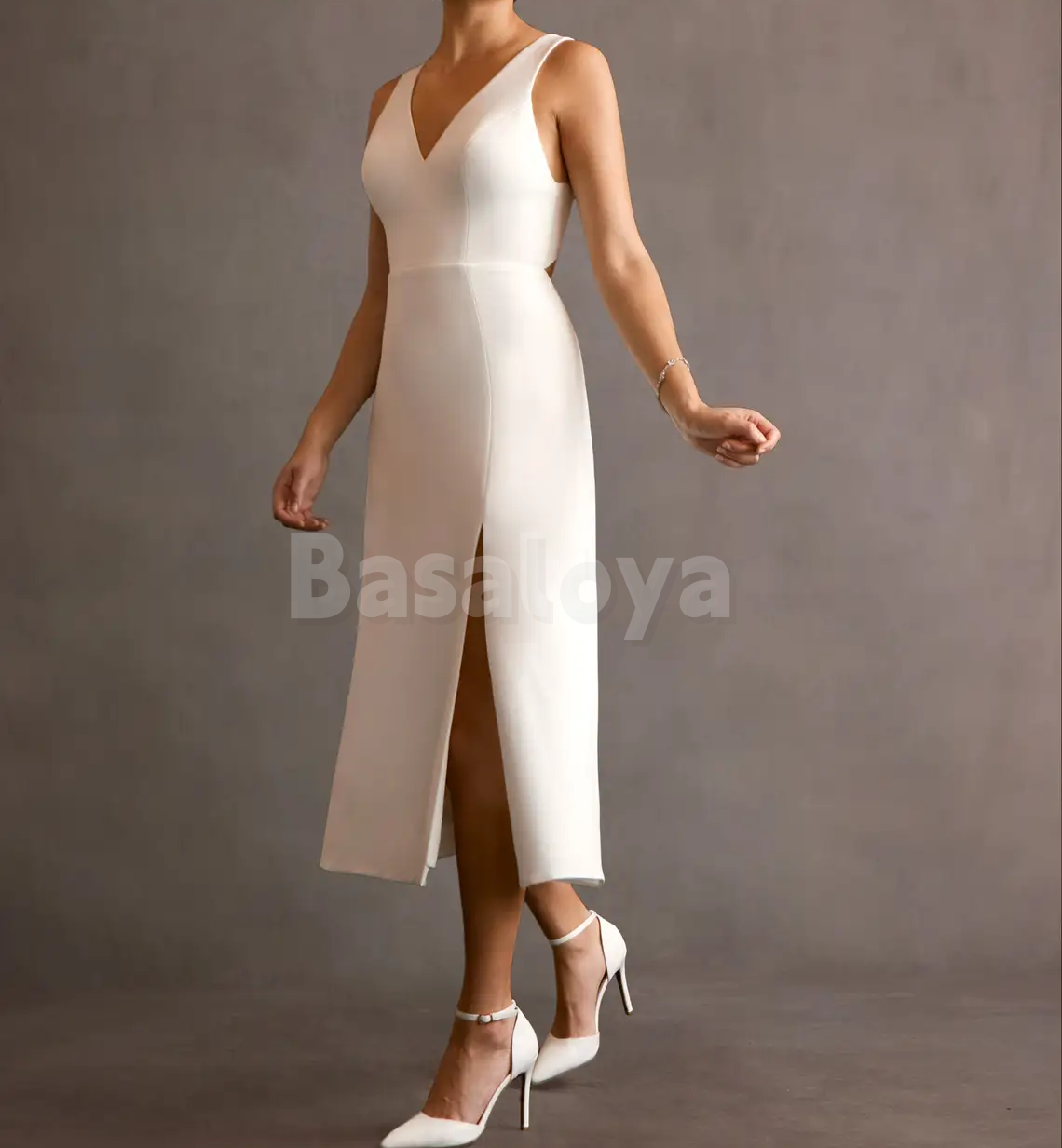 WD0115 Classic V-Neck Straight Midi Bow Wedding Dress with Slit Boho Gown