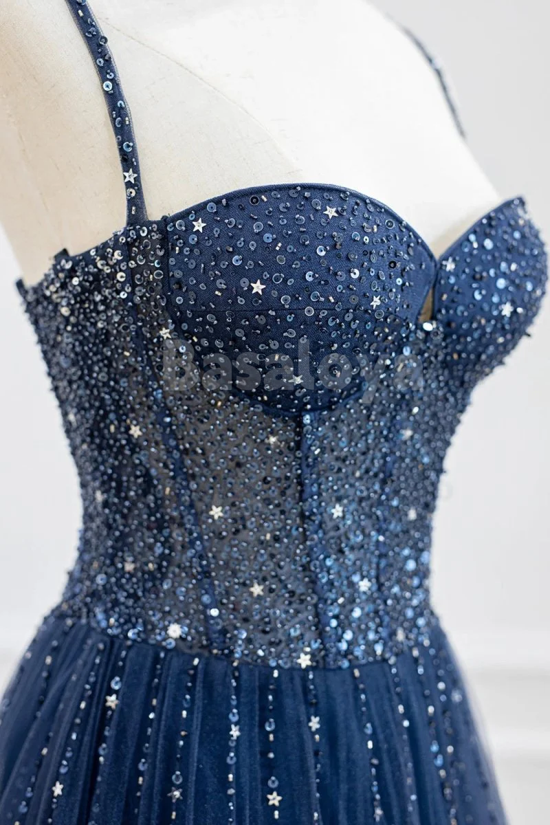 SP0184 Luxury Navy Beaded A-Line Sweetheart Pleats Prom Dress Party Gown