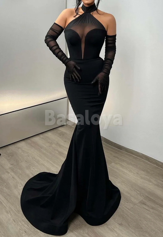 ED0057 Sexy Black High Neck Mermaid Evening Party Dress with Gloves