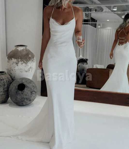 WD0073 Simple White Spaghetti Straps Mermaid Wedding Dress with Train